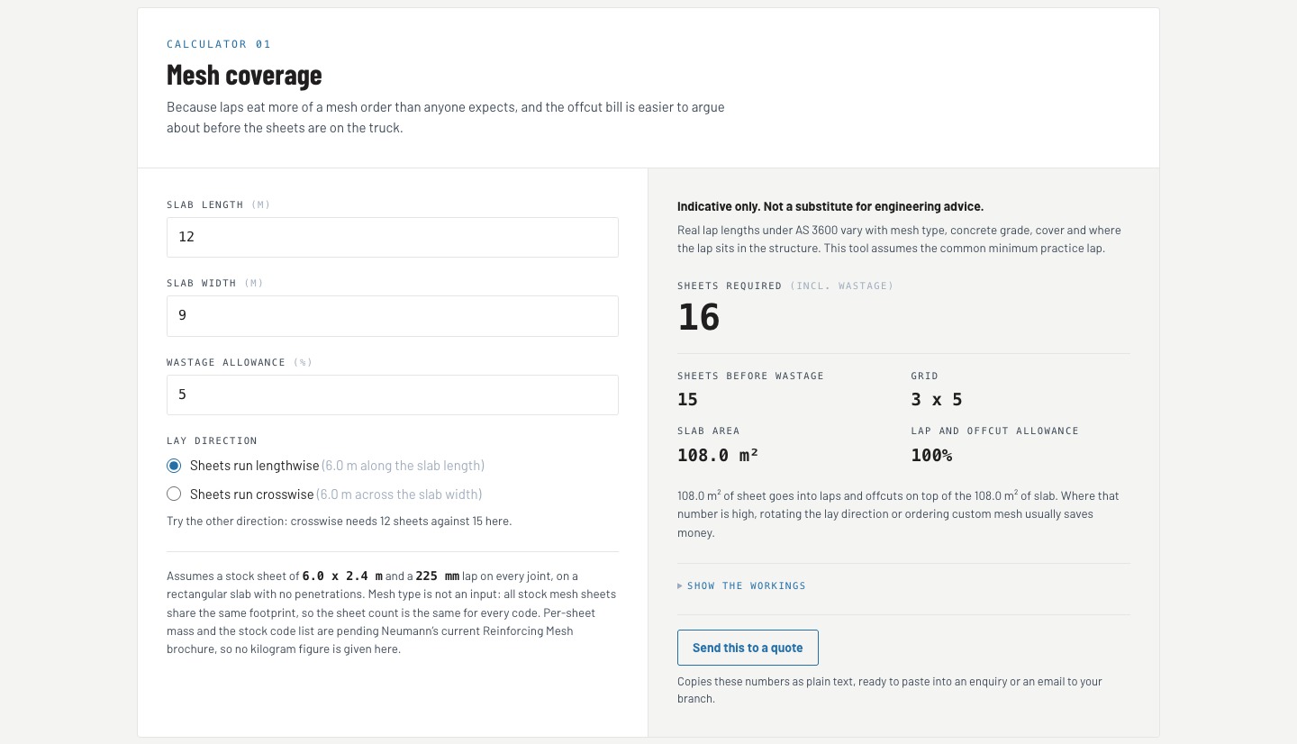 Concept render, mesh coverage calculator